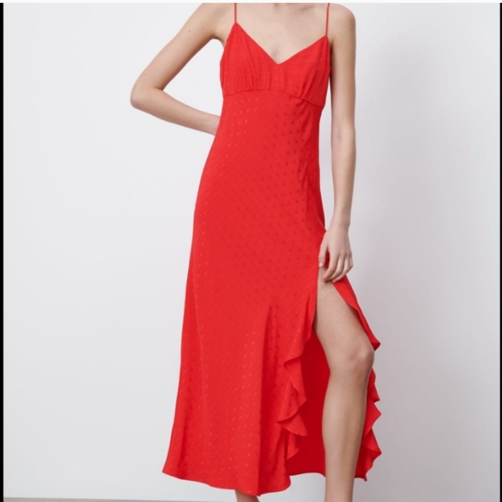 ZARA NEW JACQUARD DOTTED SLIP DRESS RUFFLE TRIM RED L Large SIDE SLIT